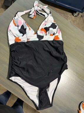 Girls Black One-Piece Swimsuit with Floral Halter Top